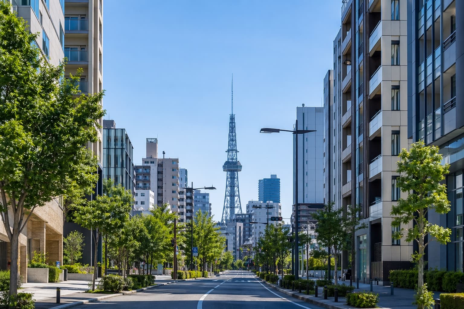 東区の街路樹と都市的な街並み